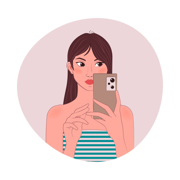 可爱的卡通女孩在用智能手机自拍。图片下载