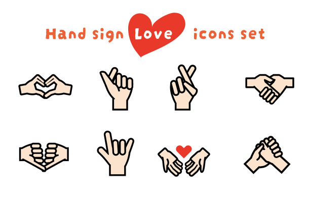 手表达爱的图标集(皮肤颜色油漆和黑色轮廓)图片下载