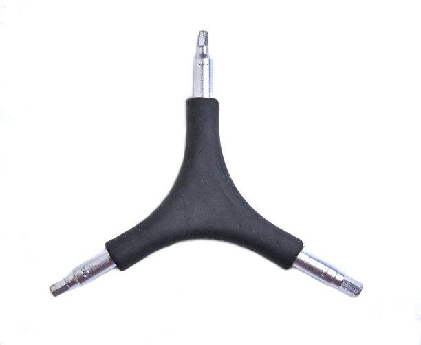 白底4mm六角扳手，孤立的(带蓝色手持旋转手柄)金属光泽切割出修理自行车自行车店套件(套)y三角形三角形图片下载