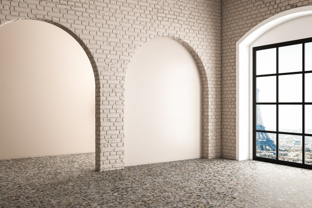 空房间内部与拱门入口。现代客厅，办公室或画廊与水磨石地板，阴影和阳光从窗户上的墙壁。三维渲染图片下载