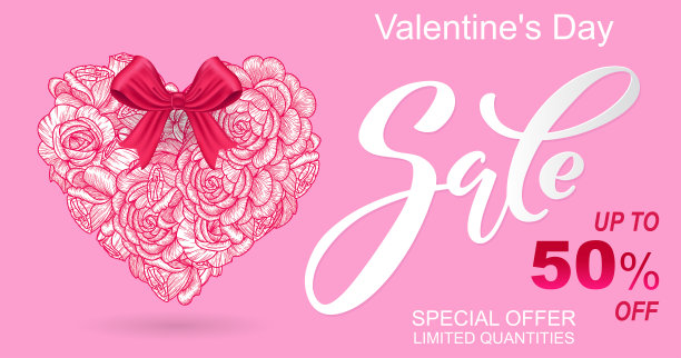 情人节销售背景。玫瑰花手绘心。用红色的礼物蝴蝶结。矢量插图的营销和宣传材料。图片下载