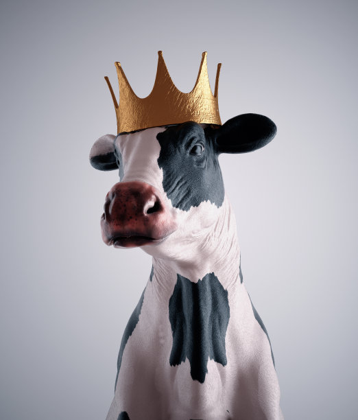 牛的公主。头戴白色背景王冠的奶牛。农场动物。图片下载