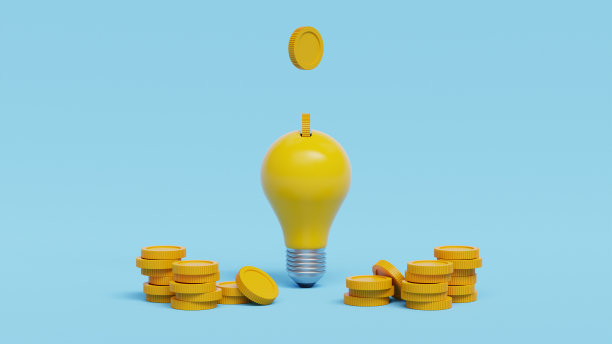 赚钱理念，创新或技术投资或创意赚钱理念。硬币落在灯泡里。聪明的商业理念和赚取利润的钱硬币。3D渲染图图片下载