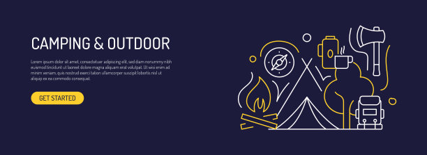 露营和户外活动相关的网页横幅线条风格。现代线性设计矢量插图的网站横幅，网站标题等。图片下载