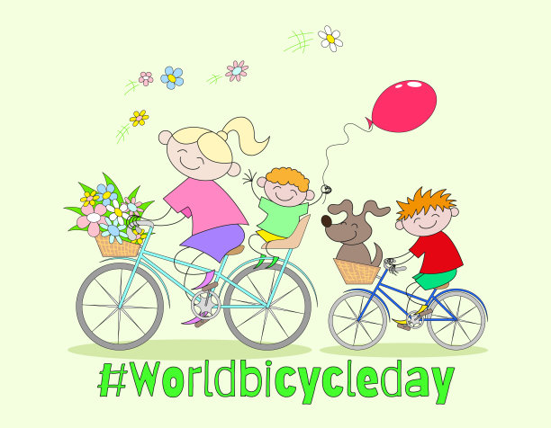 快乐的家庭骑自行车庆祝世界自行车日图片下载