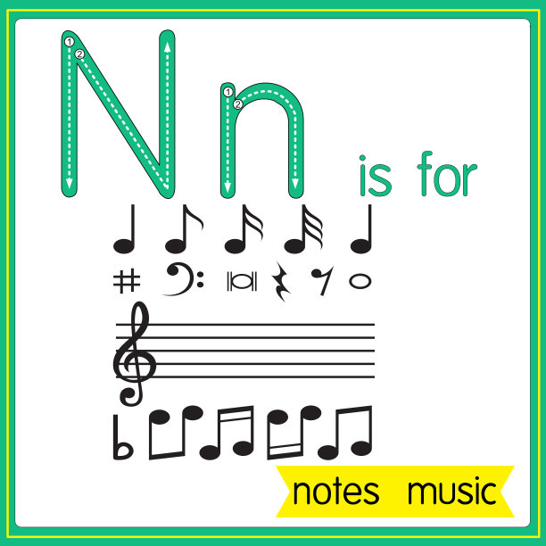 矢量插图学习字母为儿童与卡通形象。字母N代表音乐。图片下载