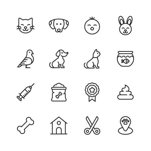 宠物图标。可编辑的中风。像素完美。移动和网络。包含如Kitty，猫，狗，小狗，小鸡，兔子，鱼缸，注射器，宠物食品，狗骨头，犬舍，美容，兽医商店等图标。图片下载