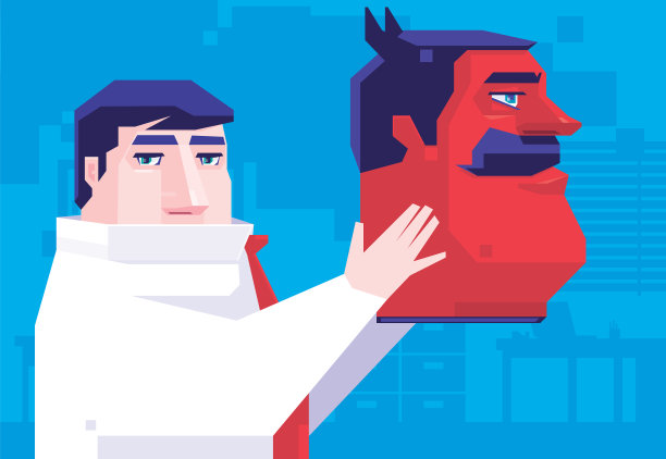 商人拿着邪恶的男人头面具图片下载