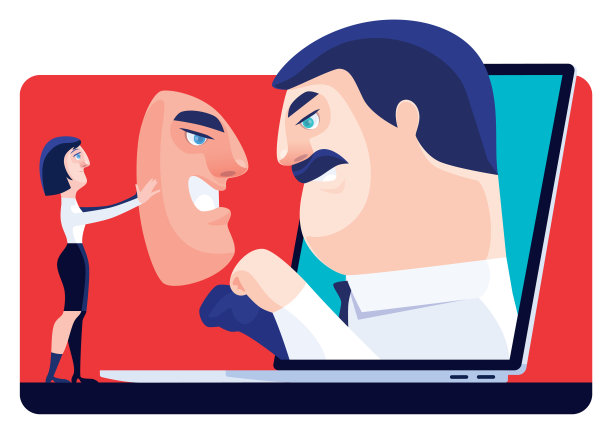 女子手持愤怒面具，用手提电脑面对愤怒的老板图片下载