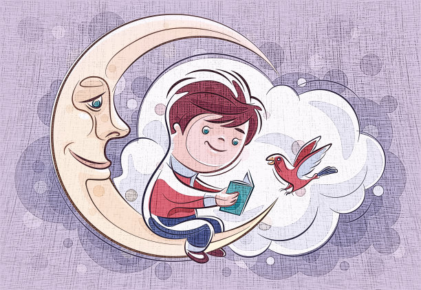 男孩坐在月牙上看书图片下载