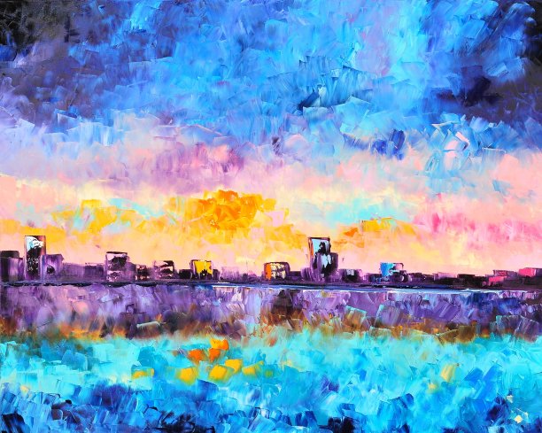 抽象山水与丰富多彩的城市当代艺术绘画图片下载