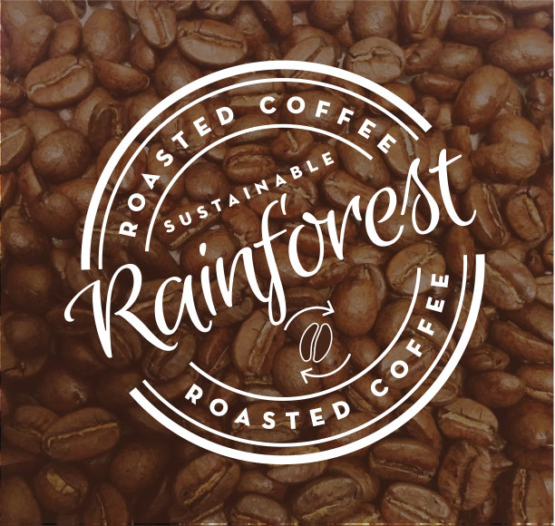 可持续雨林咖啡圆形标签的咖啡豆纹理背景图片下载
