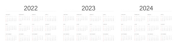 年份日历模板:2022年、2023年和2024年。一周从周日开始，图片下载