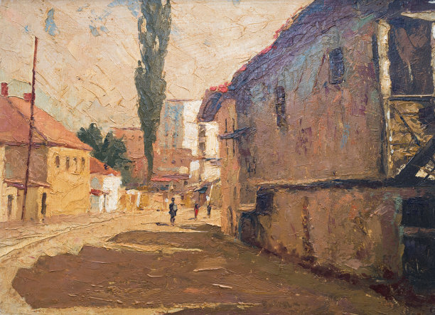 展示城市街道和人物的油画图片下载