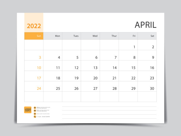 2022年每月日历模板- 4月图片下载