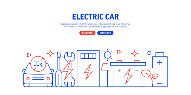 电动汽车相关的网页横幅线条风格。现代线性设计矢量插图的网站横幅，网站标题等。图片下载