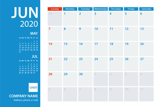 2020年6月日历规划师矢量模板。一周周日图片下载