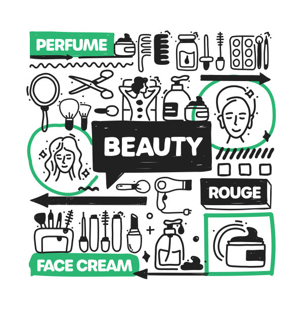 美对象和元素。矢量涂鸦插图收集。手绘图标集或横幅模板图片下载