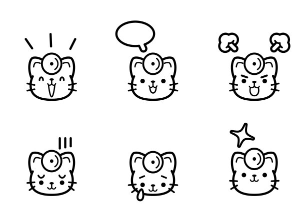 可爱的医生猫图标集，有六个黑白的面部表情图片下载