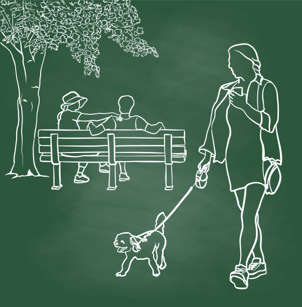 小女孩用黑板遛小狗图片下载