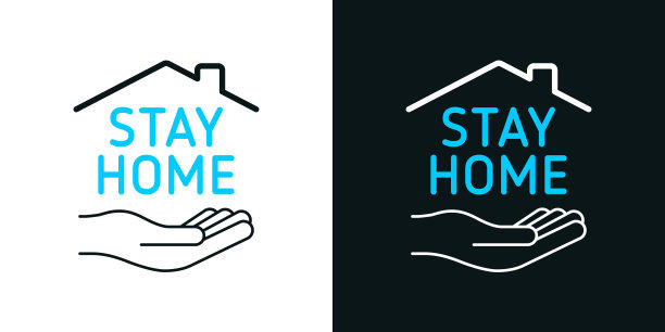 待在家里的标志。黑色或白色背景上的双色线图标-可编辑的笔画图片下载