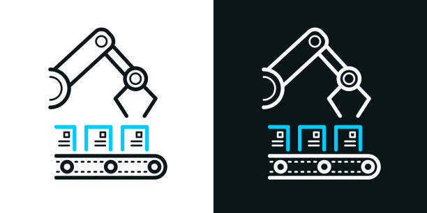 生产线上的机械臂。黑色或白色背景上的双色线图标-可编辑的笔画图片下载