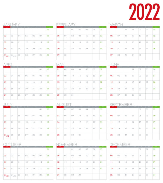 公历2022 - 12个月(星期日至星期六)图片下载