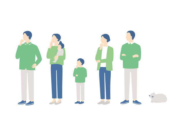 想想三代同堂的家庭。祖父母，父母，孩子，孙子和宠物猫。简单的全身插图图片下载