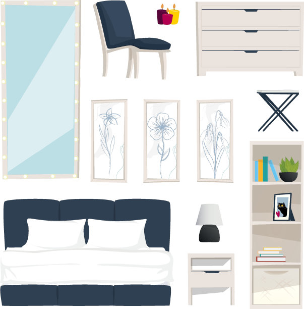 向量组家具卧室内部与床，床头柜，镜子，橱柜，植物，椅子和绘画图片下载
