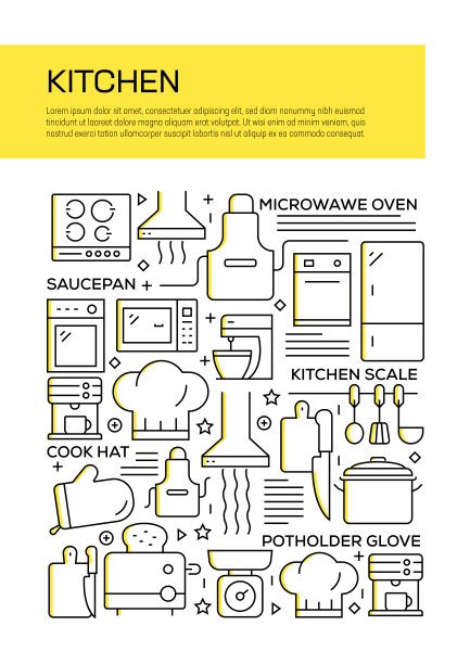 厨房概念线风格封面设计的年度报告，传单，小册子。图片下载