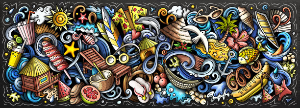 夏季海滩手绘卡通涂鸦图片下载