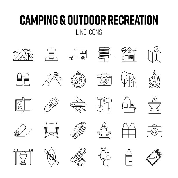 露营和户外娱乐线图标集。大篷车，露营帐篷，篝火，旅行图片下载