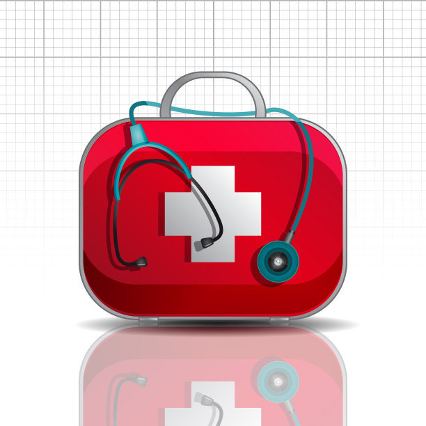 救护车概念，卡通风格的医疗保健。医生的手提箱，白色背景的便携式急救箱。图片下载