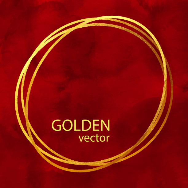 圆形金箔框架孤立在红色水彩背景。几何金框邀请卡模板。金戒指，线条艺术。矢量金边界设计元素的生日，新年，圣诞卡，婚礼邀请。图片下载