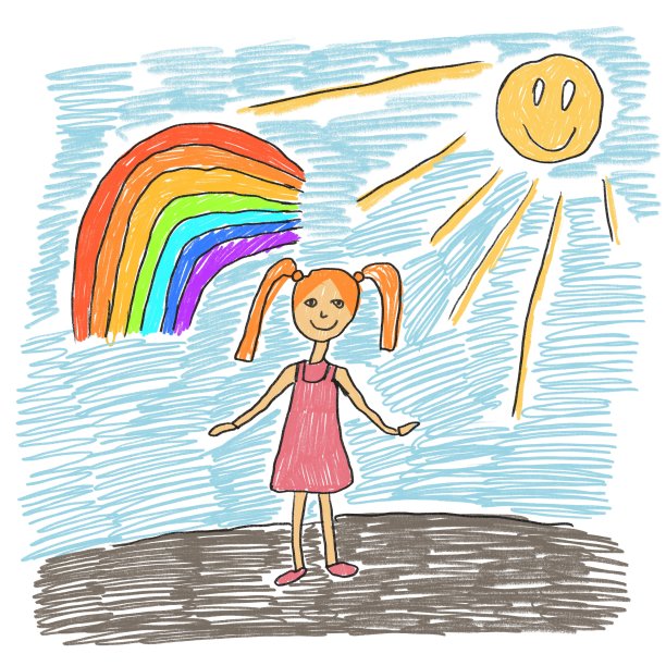 孩子们用毛笔画女孩、树、彩虹和太阳图片下载