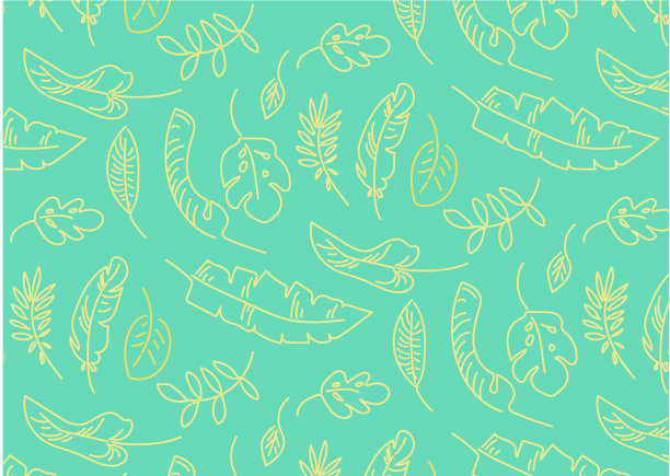 夏日丛林雨林涂鸦无缝图案图标黄色树叶在薄荷绿色的背景图片下载