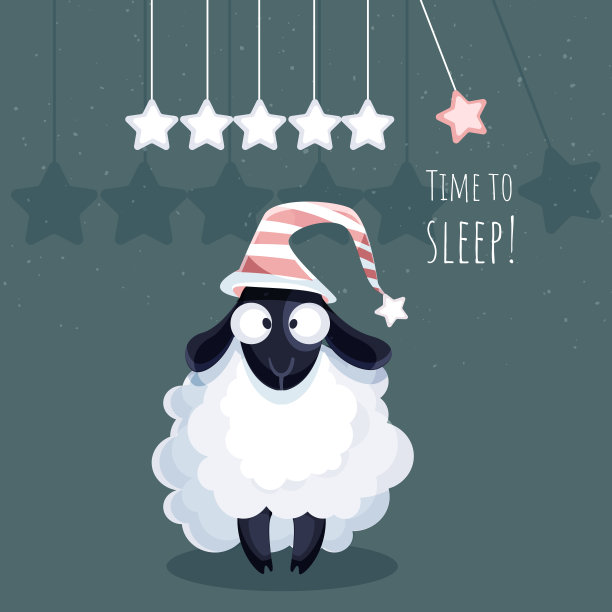 卡通风格的健康睡眠概念。可爱的绵羊在一个抽象的彩色夜晚背景睡帽。现代创意插画应用程序，网站，演示或设计。图片下载