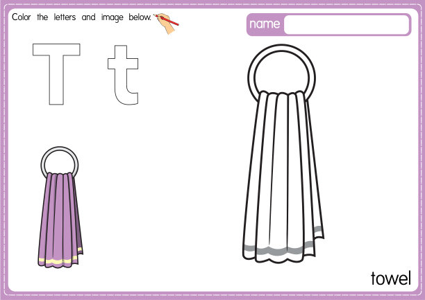 矢量插图的儿童字母着色书页与概述剪贴画，以颜色。字母T代表毛巾。图片下载