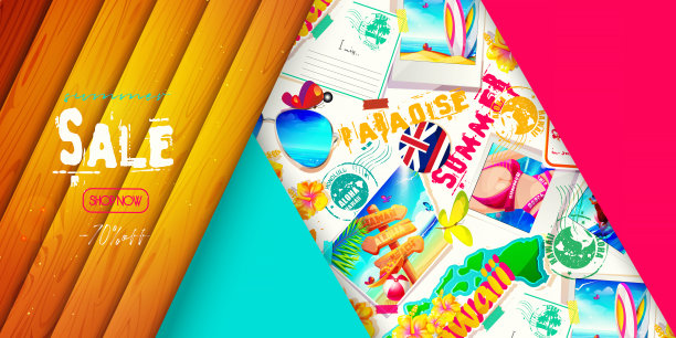 节日背景的折扣在夏威夷卡通风格。在阳光明媚的日子里，木镶板与无缝的夏威夷背景。图片下载