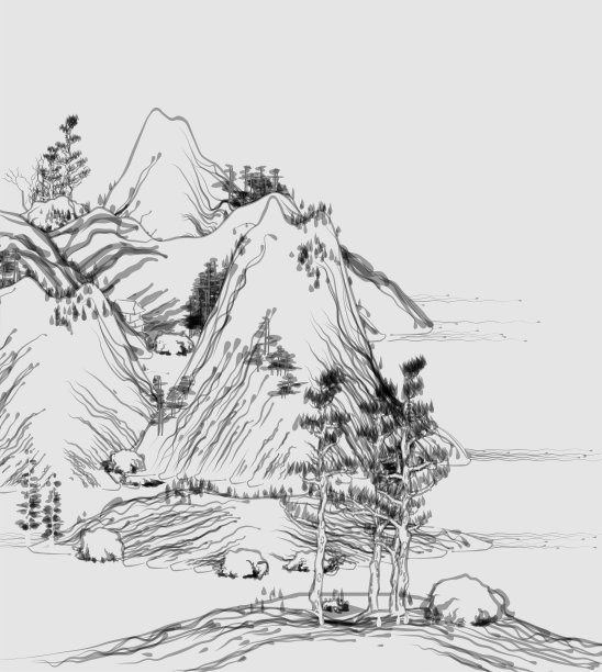 中国传统山水画艺术插画，山树流水图片下载