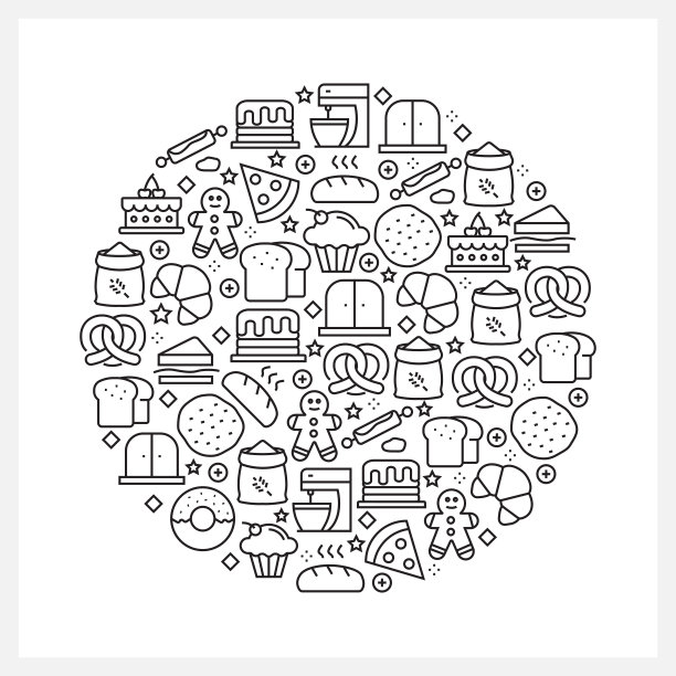 面包房相关概念-黑白线图标，安排在圆圈图片下载