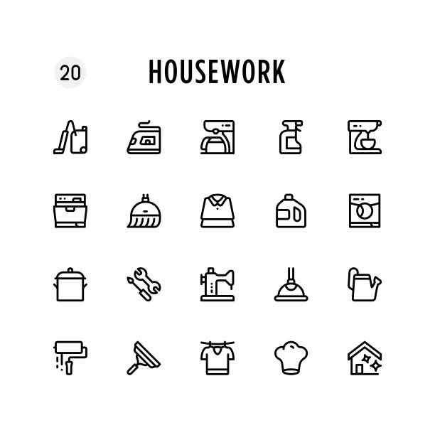 家务线图标集。可编辑的中风。像素完美。图片下载