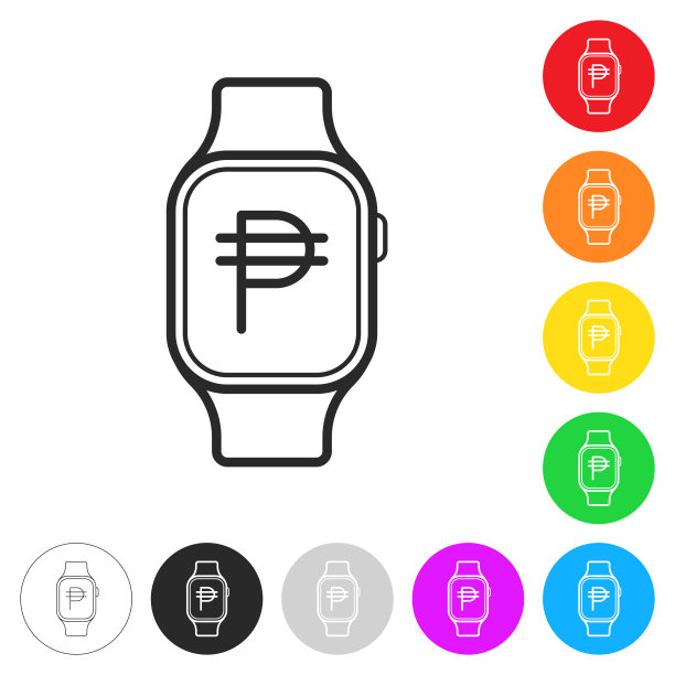 带有比索符号的智能手表。彩色按钮上的图标图片下载