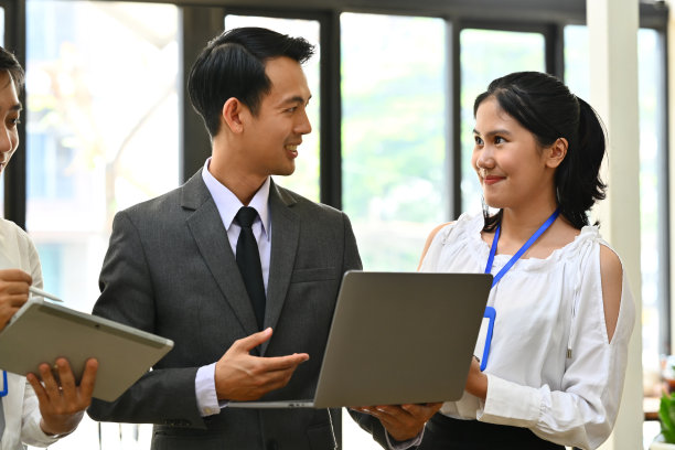 千禧商务团队负责人在会议中解释项目细节，讨论公司战略和商业计划。图片下载