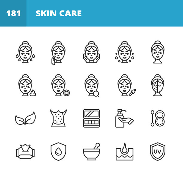 护肤系列图标。可编辑的中风。像素完美。移动和网络。包含如皮肤护理，水疗，化妆品，健康，化妆，卫生，保湿，皮肤病学，提升，沐浴，面膜，排毒，脱皮，手术，皱纹，肥皂，香水等图标。图片下载