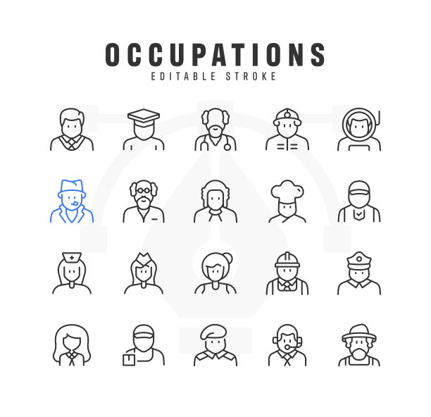 职业行图标设置。可编辑的中风。像素完美。图片下载