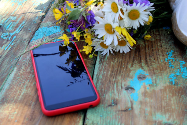 桌上放着一部电话和一束野花。图片下载