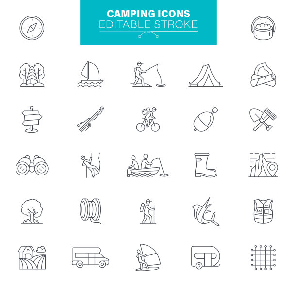 露营图标可编辑Stroke。包括营火、手电筒、背包、山脉、旅行拖车、柴火、野营车、睡袋等图标图片下载