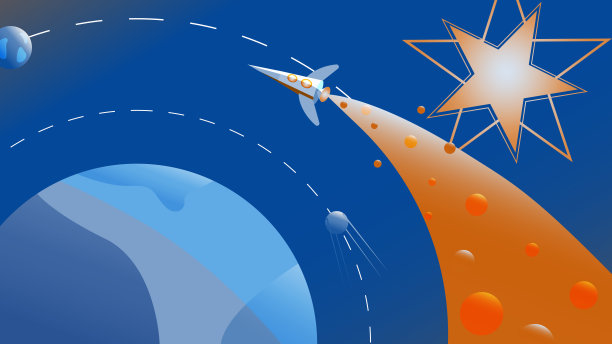 彩色的未来空间插图-火箭飞过一个星球。图片下载