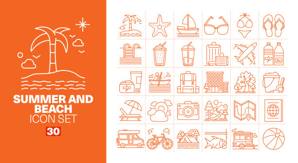 夏天和海滩线图标集图片下载